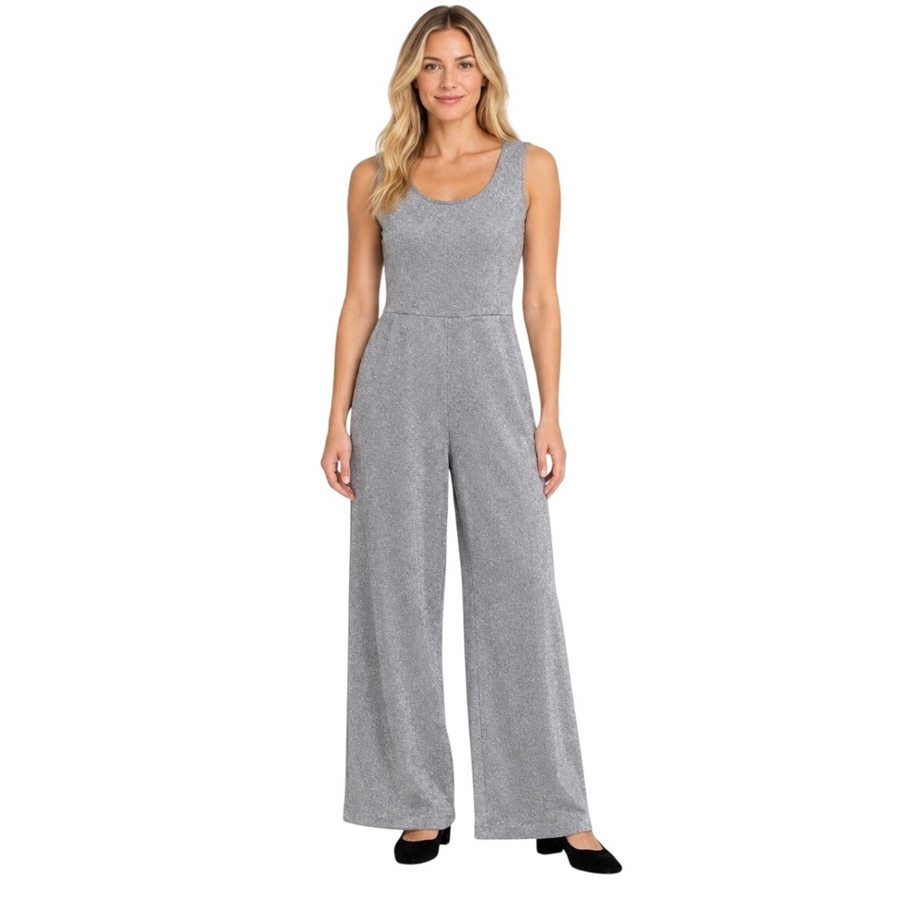 NWT J.Crew K6171 Silver Metallic Knit Sleeveless Wide Leg Jumpsuit Medium